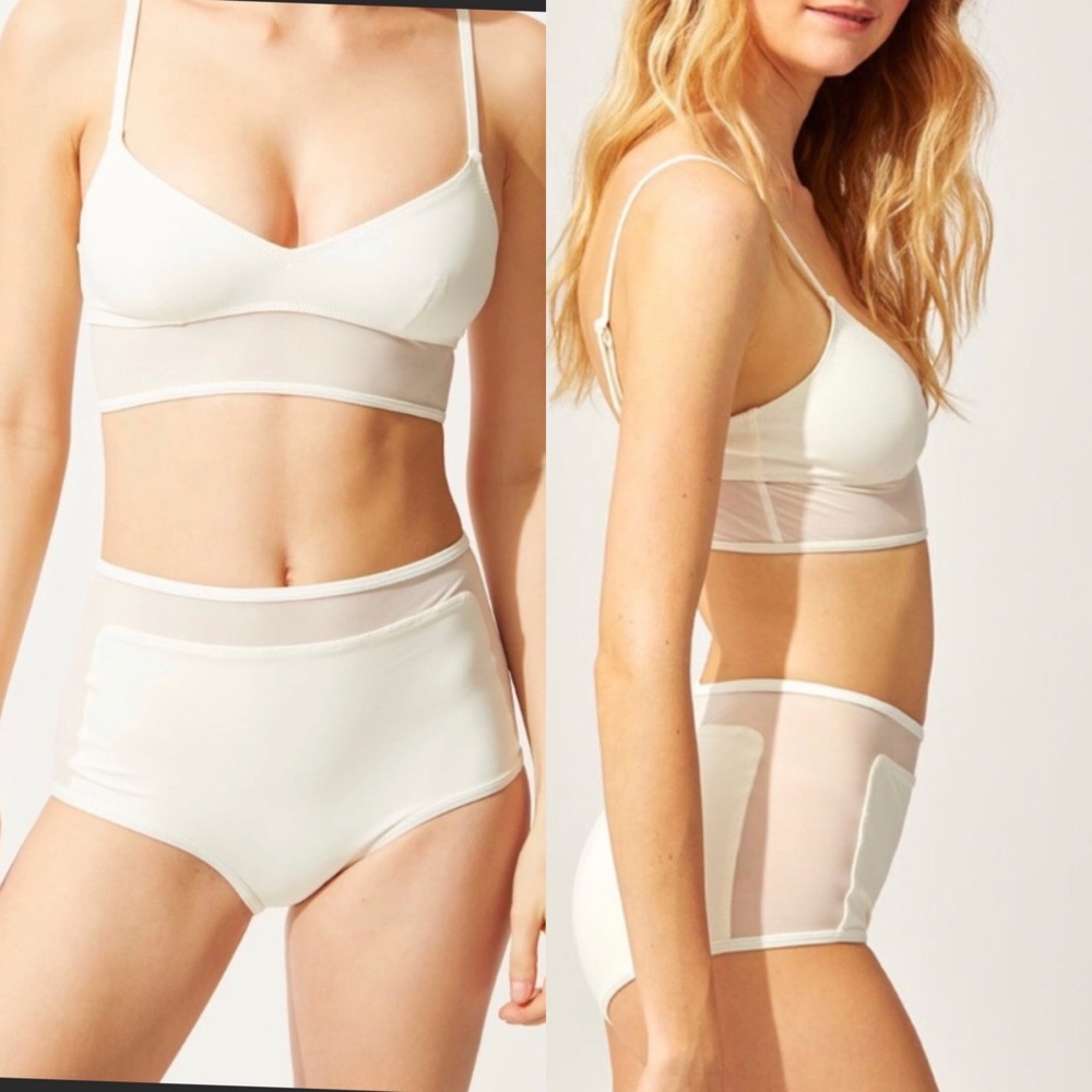 SOLID & STRIPED Brigitte Cream White Mesh Bikini Set High Waist Bottom S…